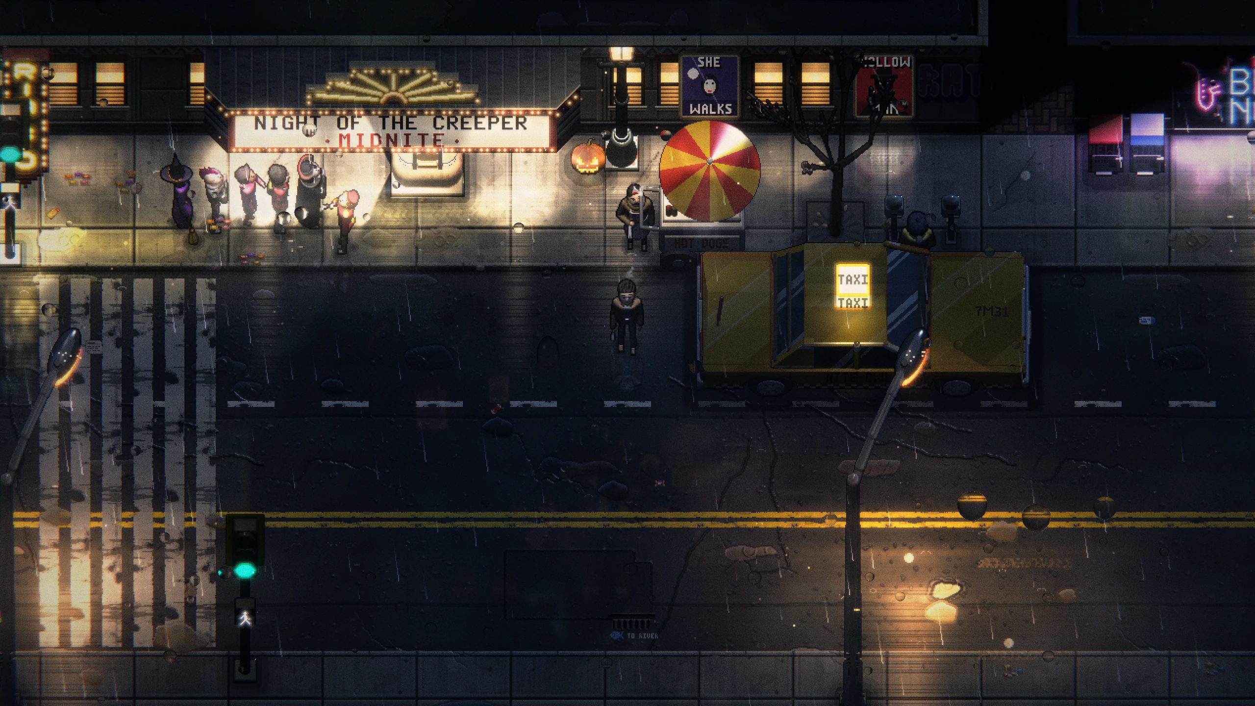 A rainy street at night in Harrow: a movie marquee, a hot dog cart, a yellow taxi, and a lone man in a dark coat standing in the road.